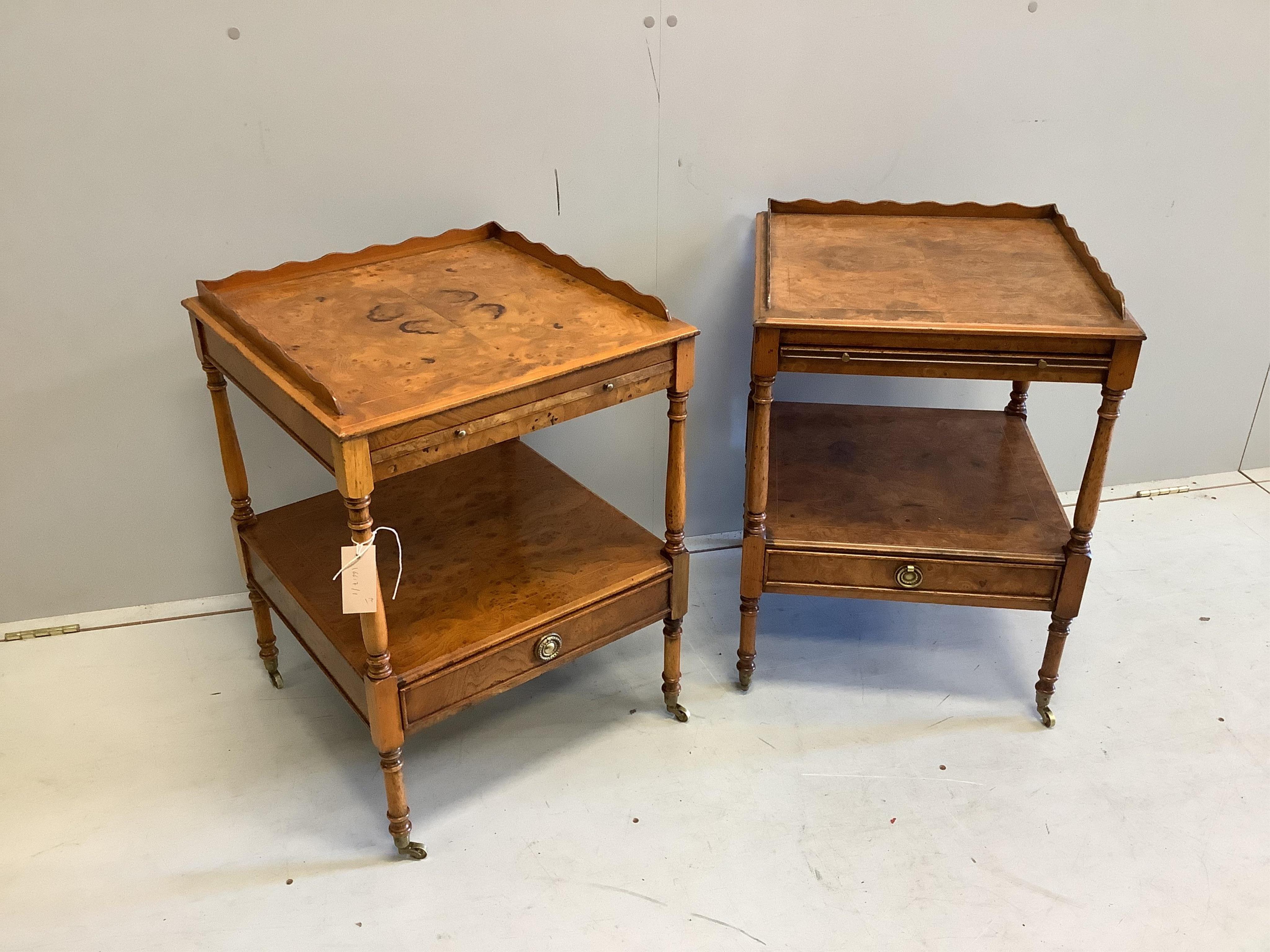 A pair of reproduction burr elm two tier bedside tables fitted slides, width 46cm, depth 46cm, height 64cm. Condition - fair, surfaces have worn areas.